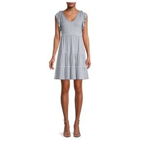 Max Studio Striped Tiered Dress M Blue White Ruffle Travel Coastal Nautical